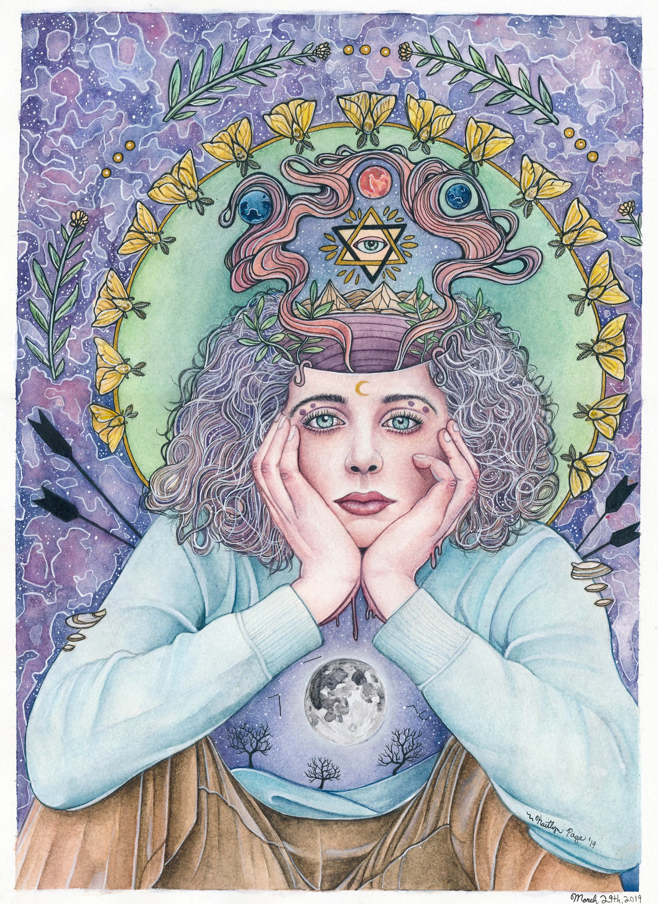 A woman with curly hair and blue eyes resting her face in her hands, surrounded by spiritual symbols and cosmic imagery, including the moon, stars, and abstract patterns with yellow butterflies, plants, and arrows.