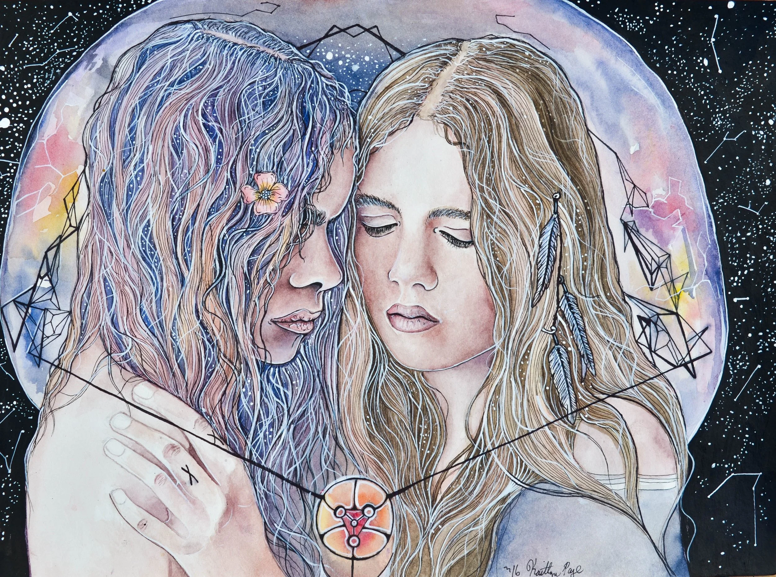 A watercolor painting of two women with long hair, one with slightly wavy hair and the other with straight hair, touching foreheads with closed eyes, surrounded by a celestial background with stars and geometric designs, and a dreamcatcher-like symbo