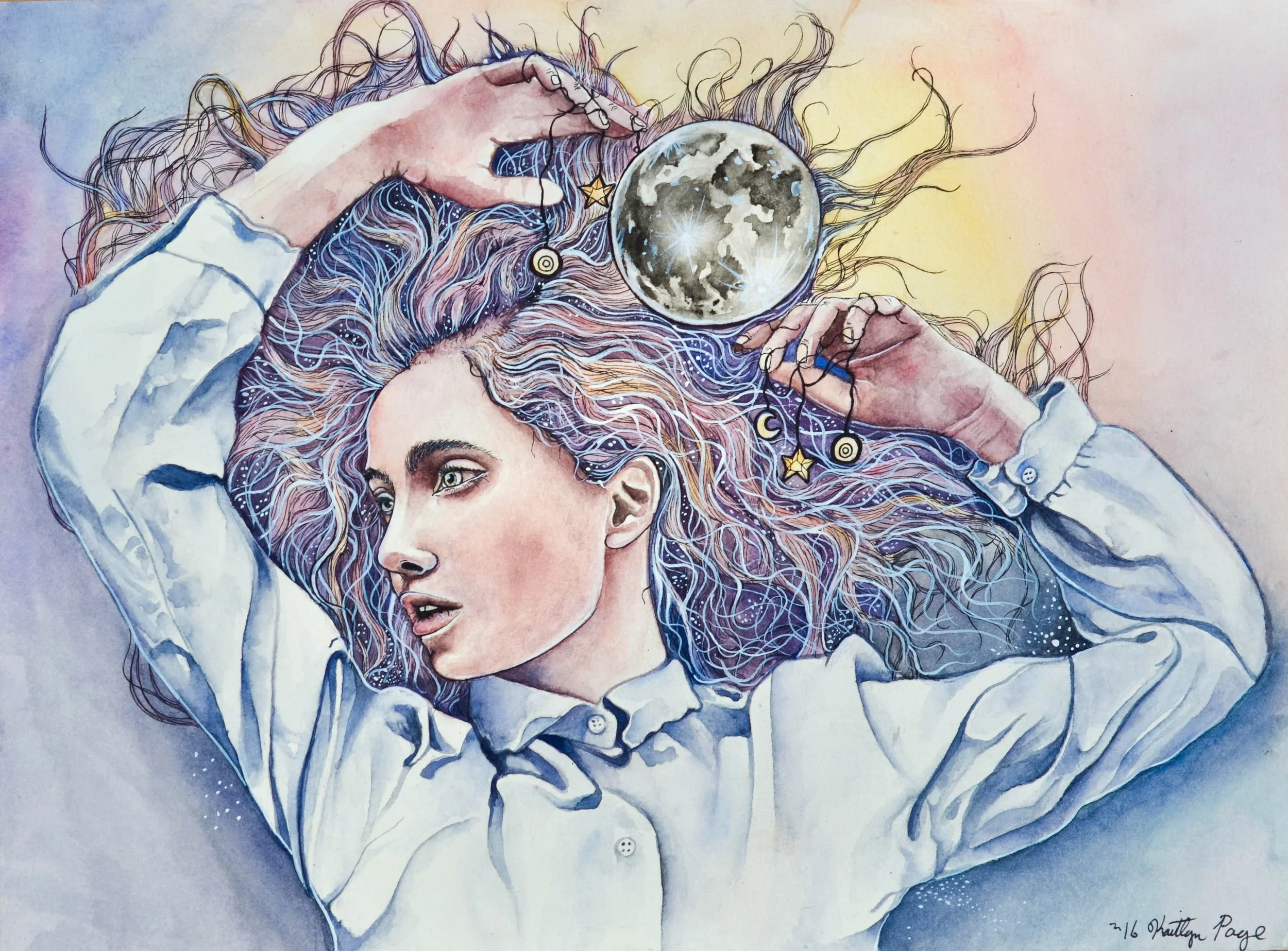 A woman with curly hair is depicted in a colorful, artistic style. She is holding moon and star-themed jewelry near her head, with a celestial background.