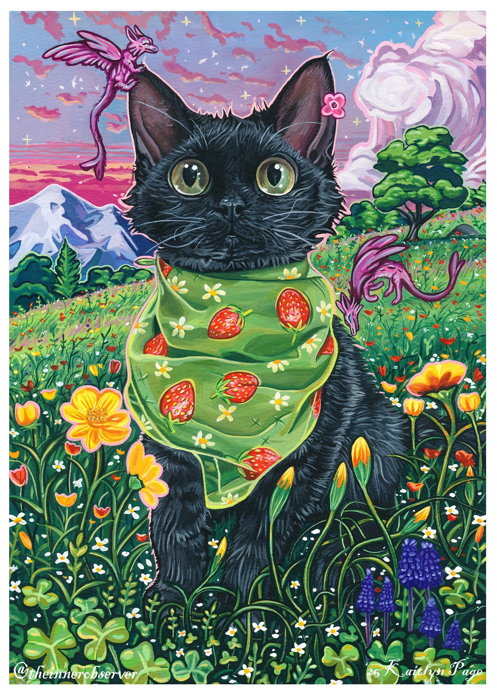 A colorful painting of a black cat with large green eyes standing in a field of flowers, wearing a green scarf decorated with strawberries and daisies. The background features a mountain, trees, a pink and purple sky with clouds, and flying pink dragon-like creatures, all in a whimsical and vibrant style.