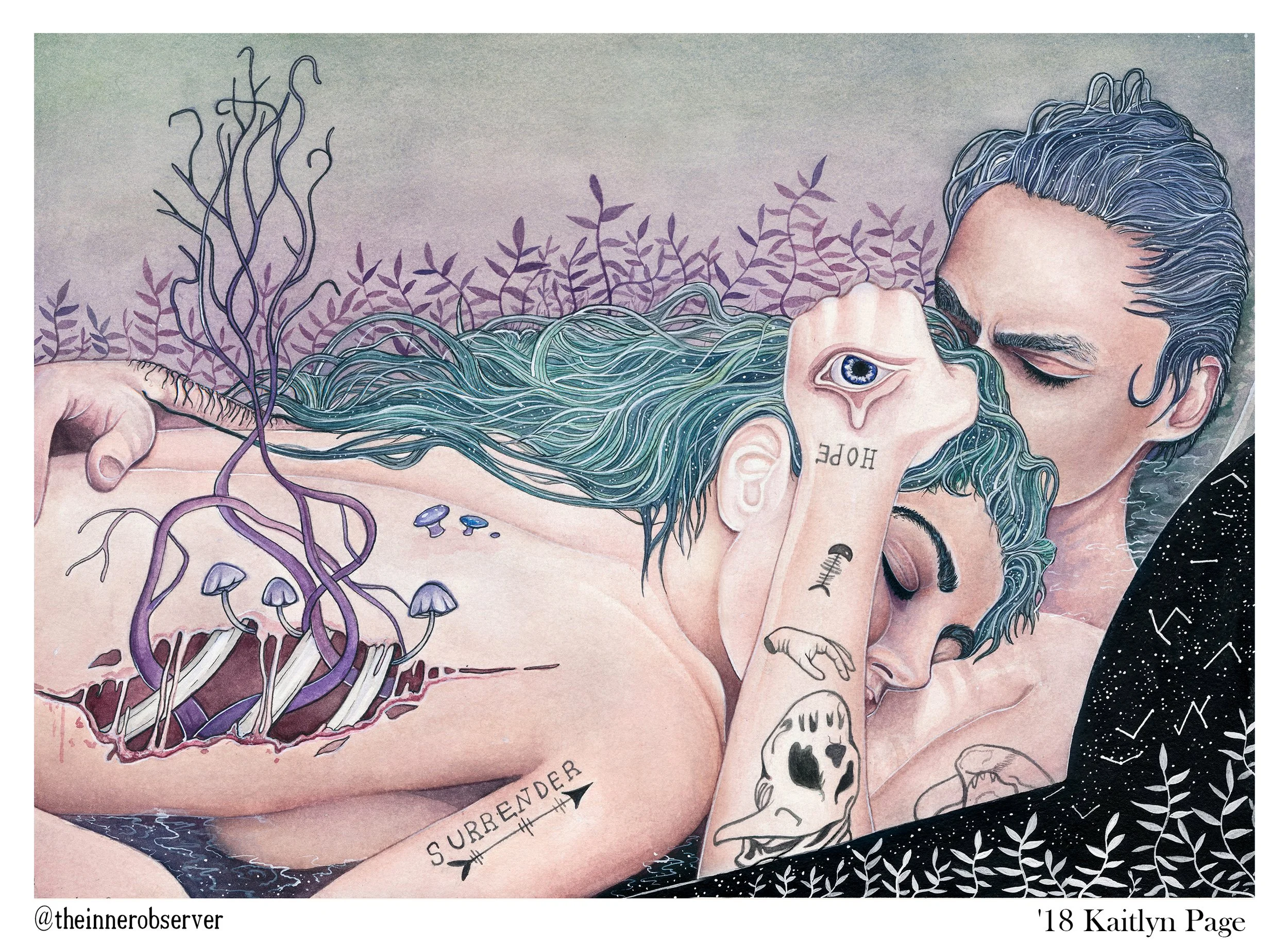 A surrealist artwork depicting a couple with their faces close together, with one person's face merging into the other's. The woman's hair transitions into plant-like tendrils and aquatic elements, with mushrooms growing from her arm. The man's face 