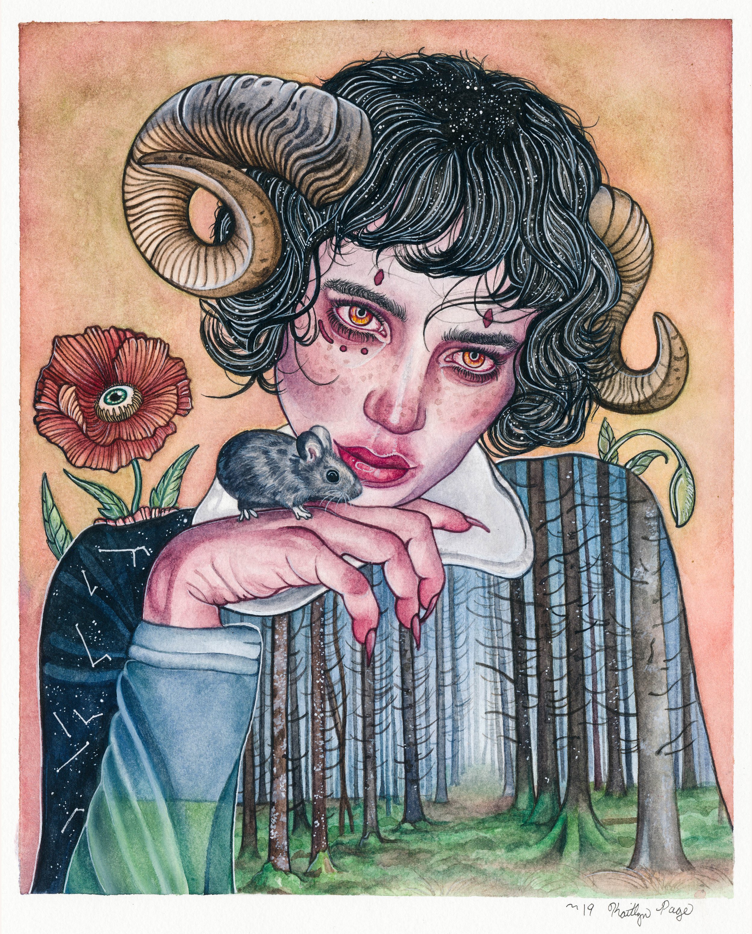 A surreal illustration of a woman with ram horns, dark curly hair, and eye makeup, holding a mouse near her face. The background features a forest with tall trees, and there are fantastical elements like a flower with an eye and starry patterns on he