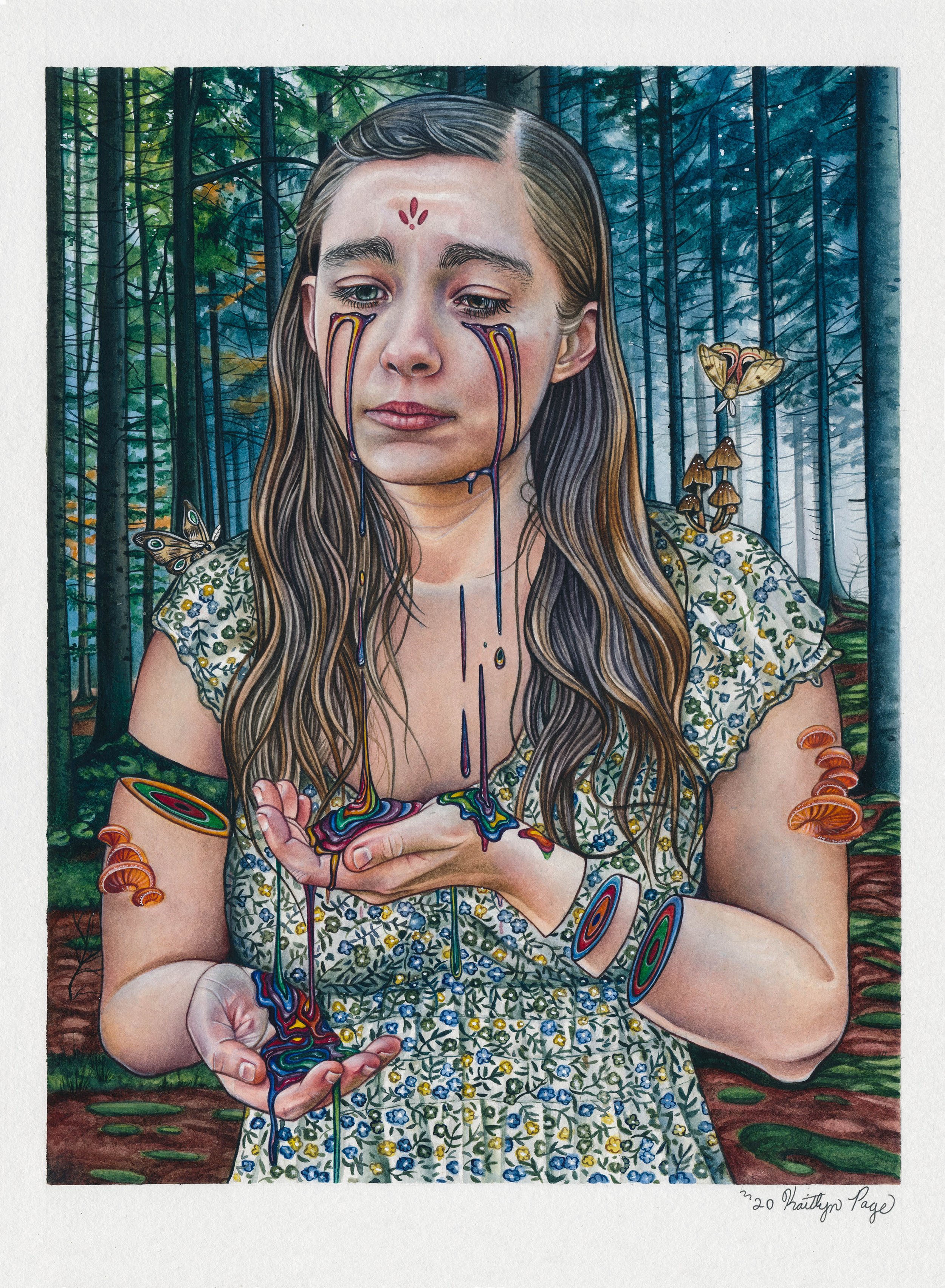 A surreal artwork of a girl with tears that look like melting paint, standing in a dense forest. She has long brown hair, a necklace, and a floral dress with butterflies and mushrooms around her. Paint is dripping from her hands and face, blending vi