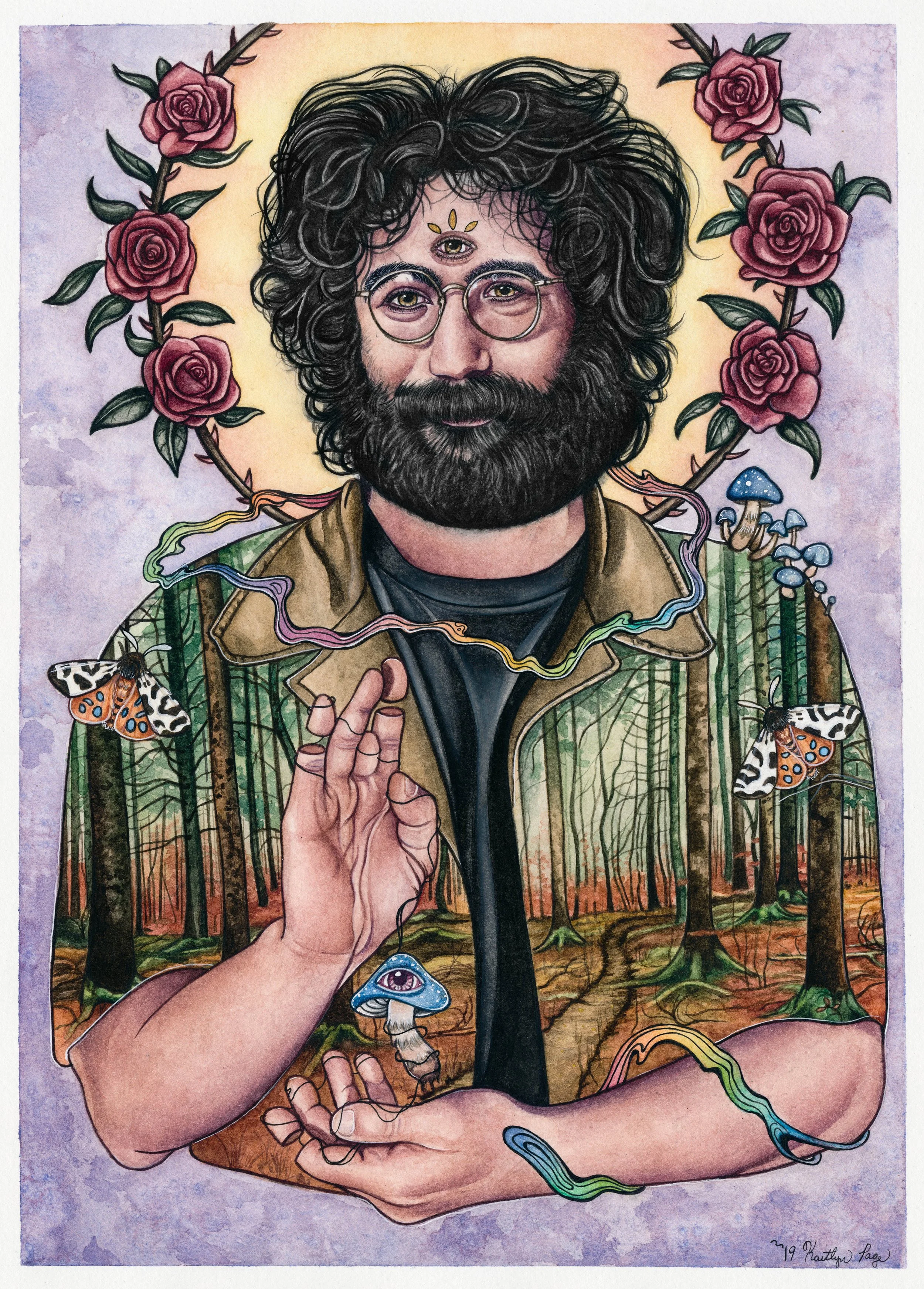 A colorful illustration of a man with a beard, glasses, and long curly hair, surrounded by flowers, butterflies, mushrooms, and forest elements, with a third eye on his forehead.