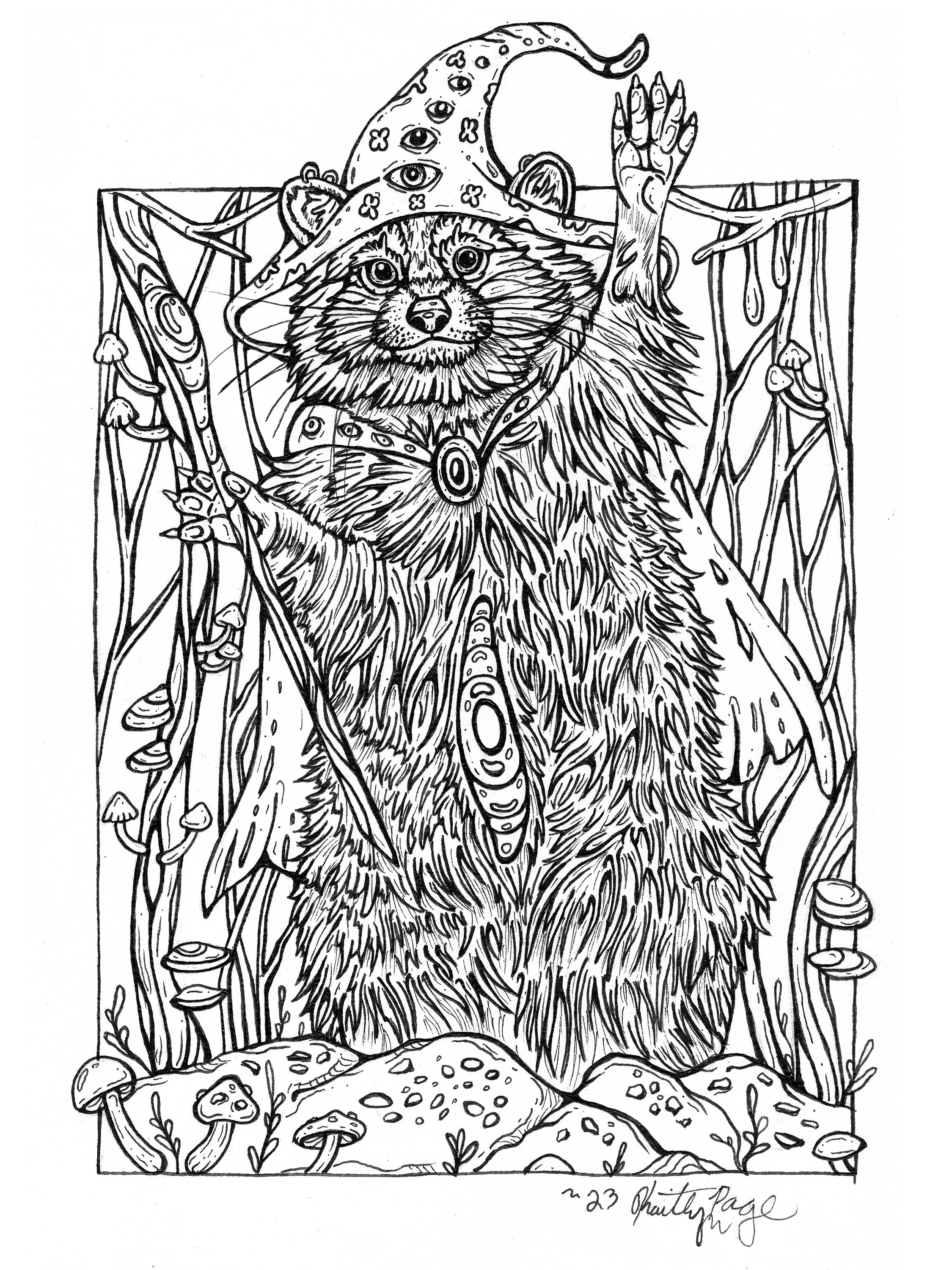Line drawing of a bear wearing a wizard hat and necklace, standing in a forest with mushrooms and plants around.