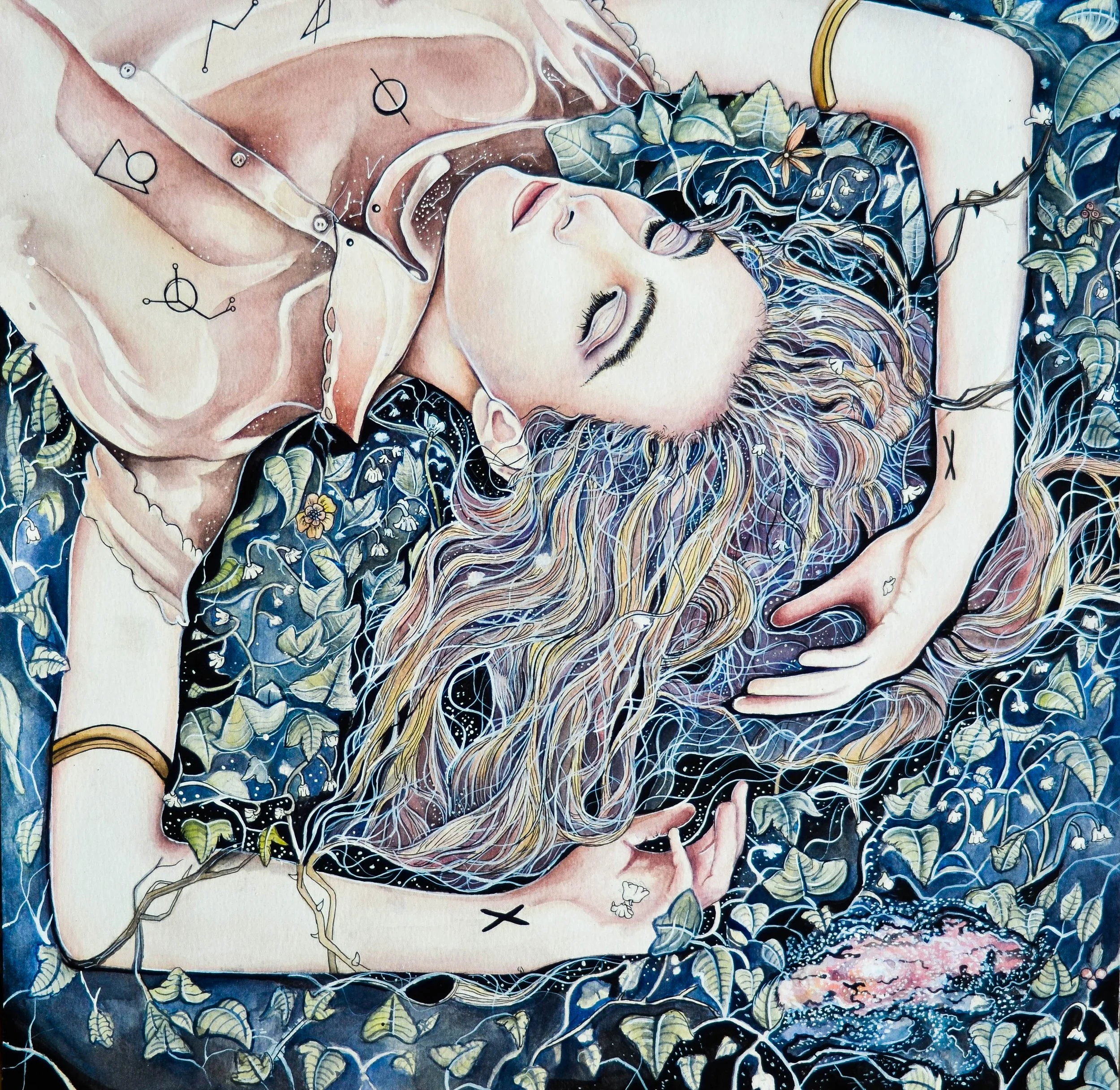 A woman with long, flowing blonde and brown hair lies on her side with her eyes closed, surrounded by dark foliage and vines with yellow flowers. She has a calm expression and her hand is resting on her head.