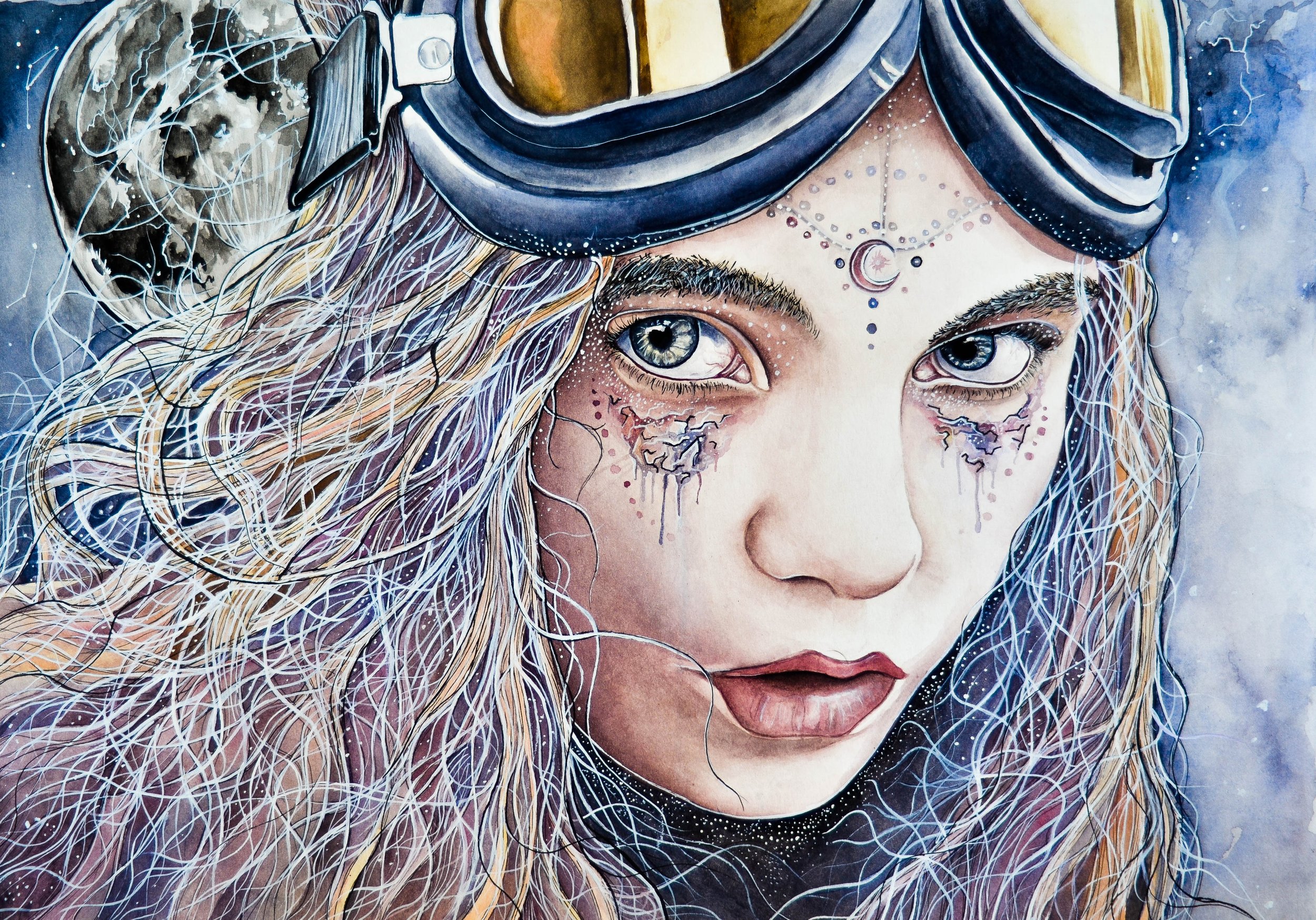 A watercolor painting of a woman with long, flowing hair, wearing goggles with a celestial theme, and tear streaks under her eyes with star and moon motifs.