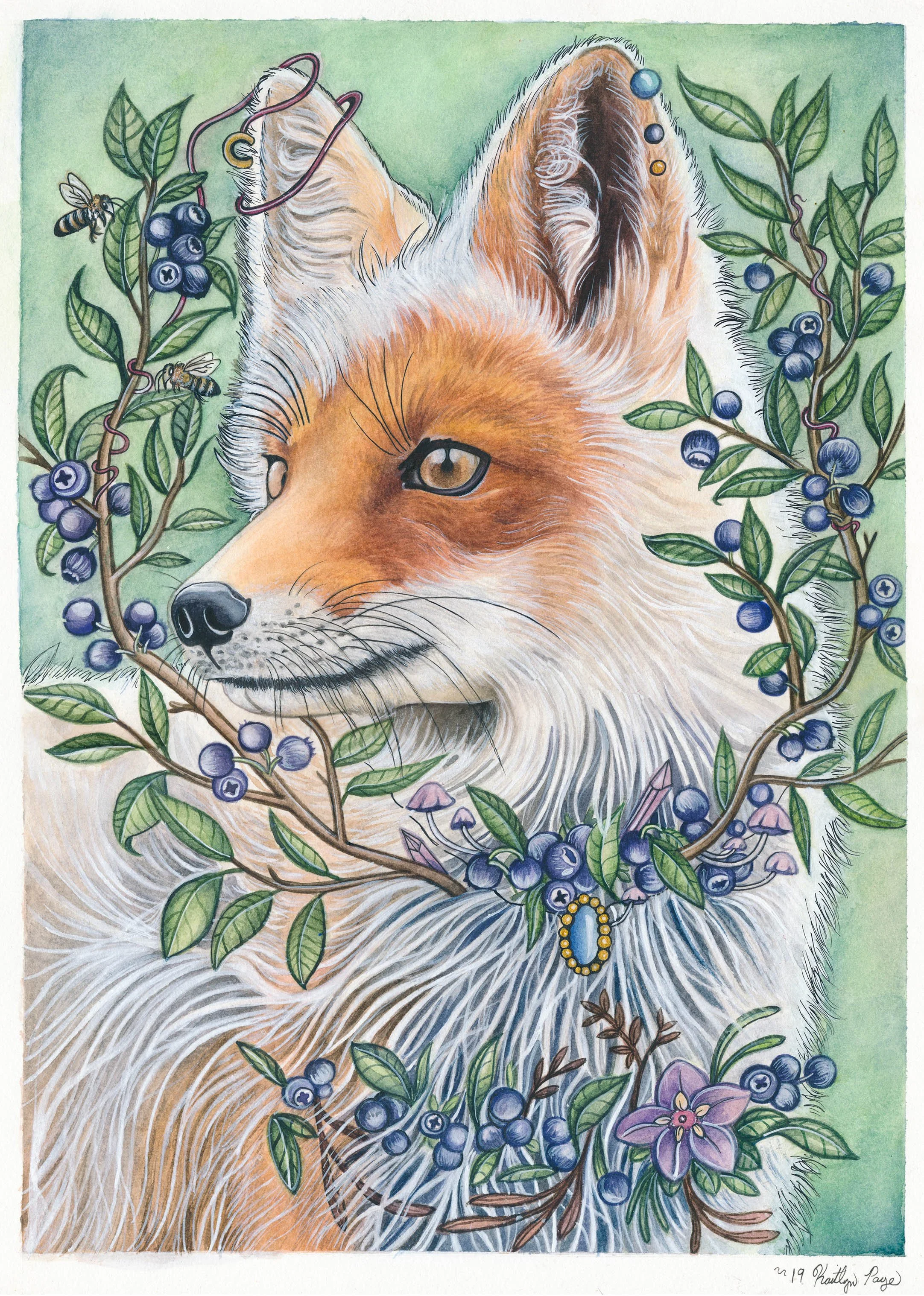 Illustration of a fox with orange and white fur surrounded by green leaves, blueberries, mushrooms, and a purple flower, with bees and a necklace made of yellow beads.