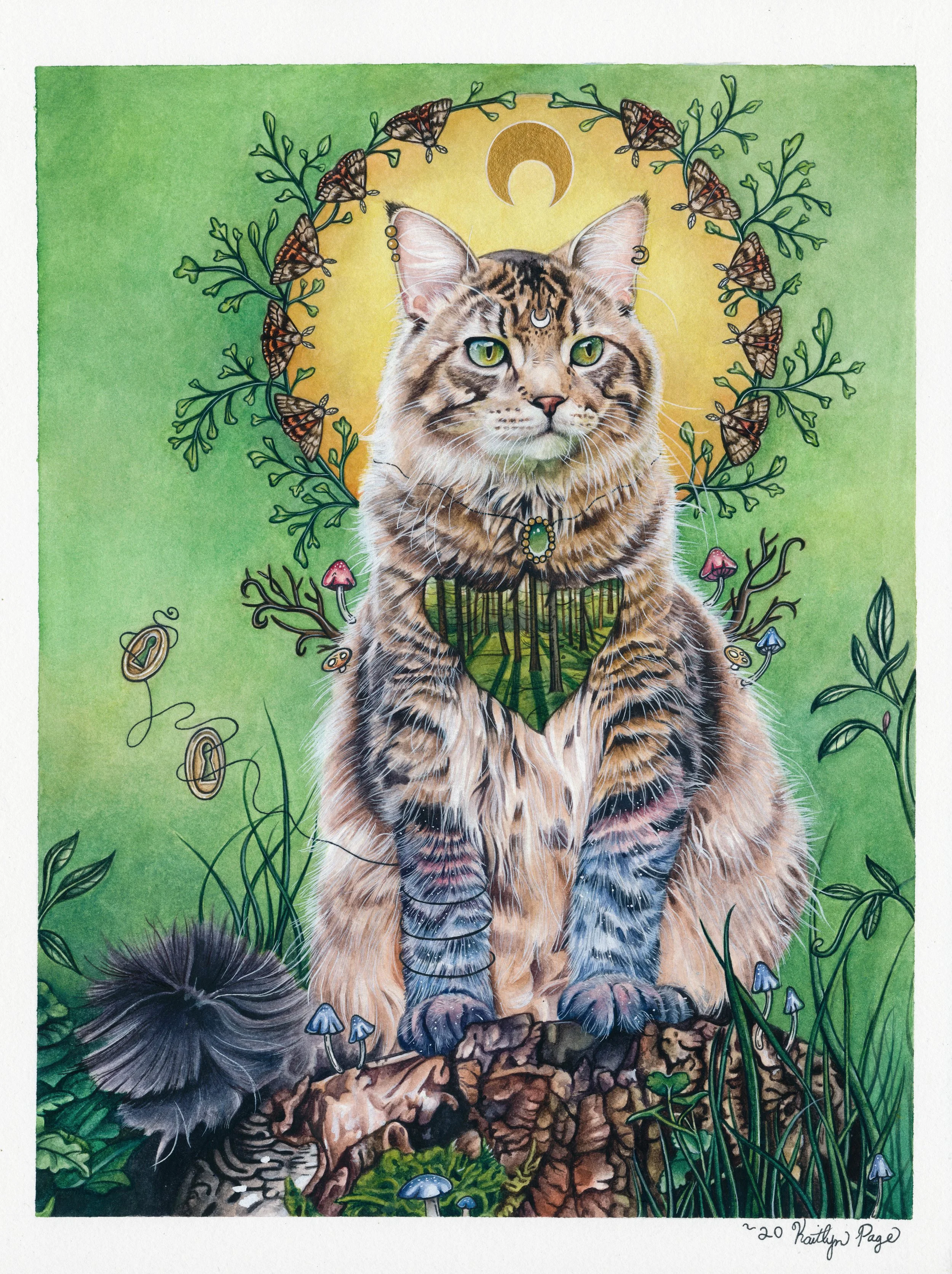 A detailed illustration of a cat with a celestial background, surrounded by greenery, mushrooms, and butterflies, with a crescent moon and golden halo behind its head.