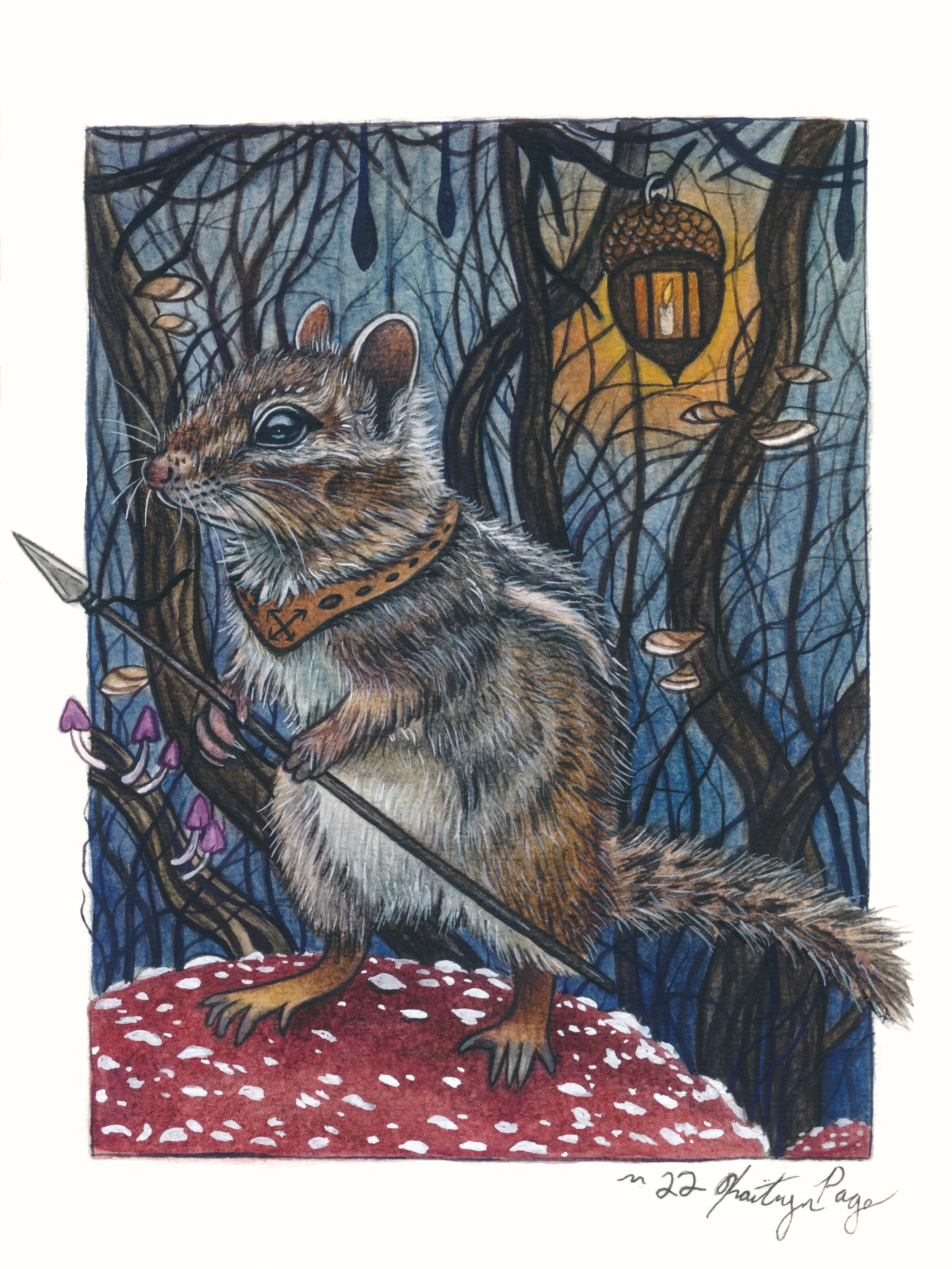 A detailed illustration of a mouse standing on a red surface with white spots, holding a spear, in a dark, mystical forest. The mouse is wearing a decorative collar, and there is a lantern hanging from a tree branch in the background, casting a warm 