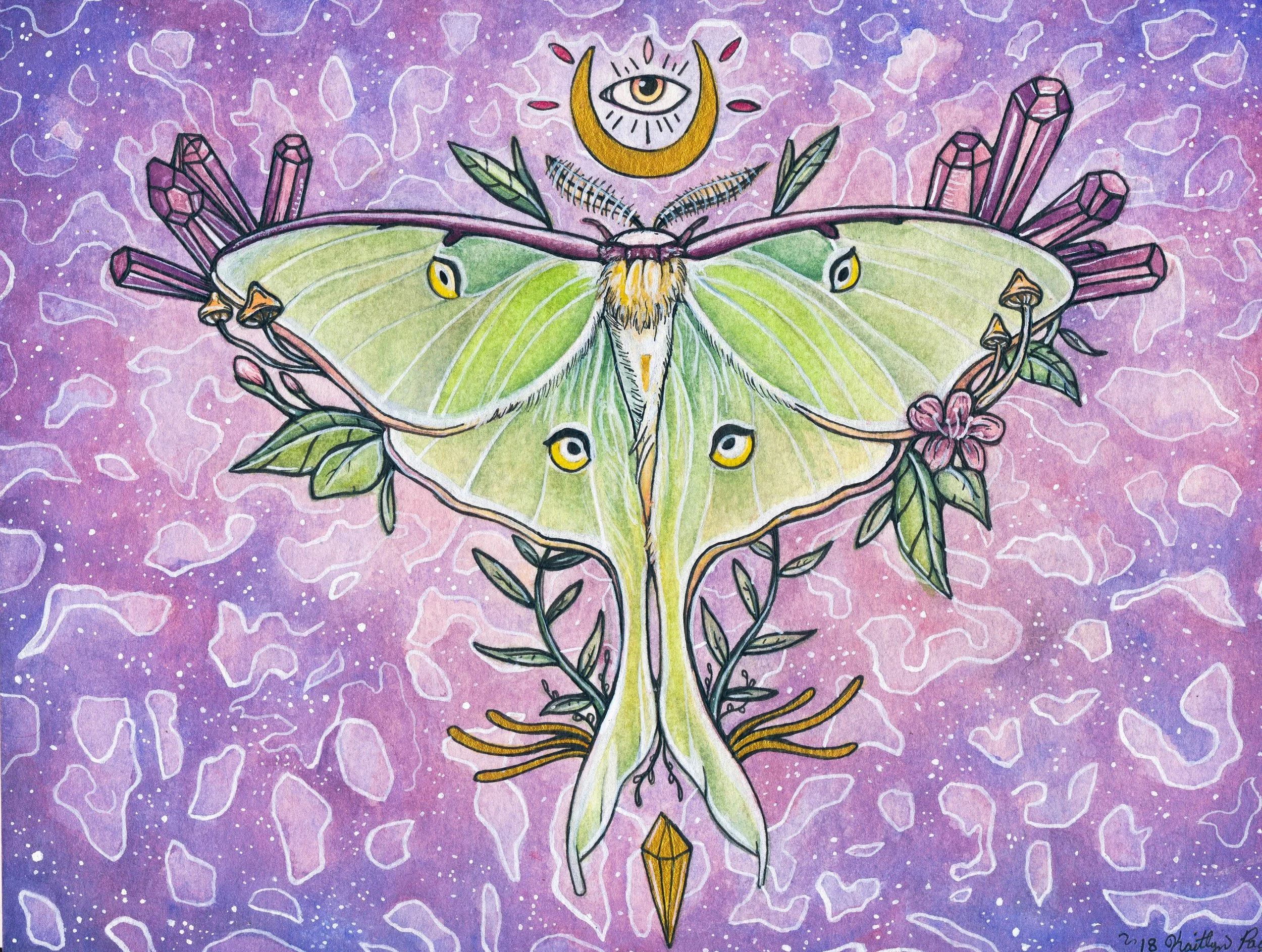 A colorful, mystical illustration of a moth with green wings, surrounded by crystals, leaves, and flowers on a purple cosmic background with a crescent moon and an eye above.