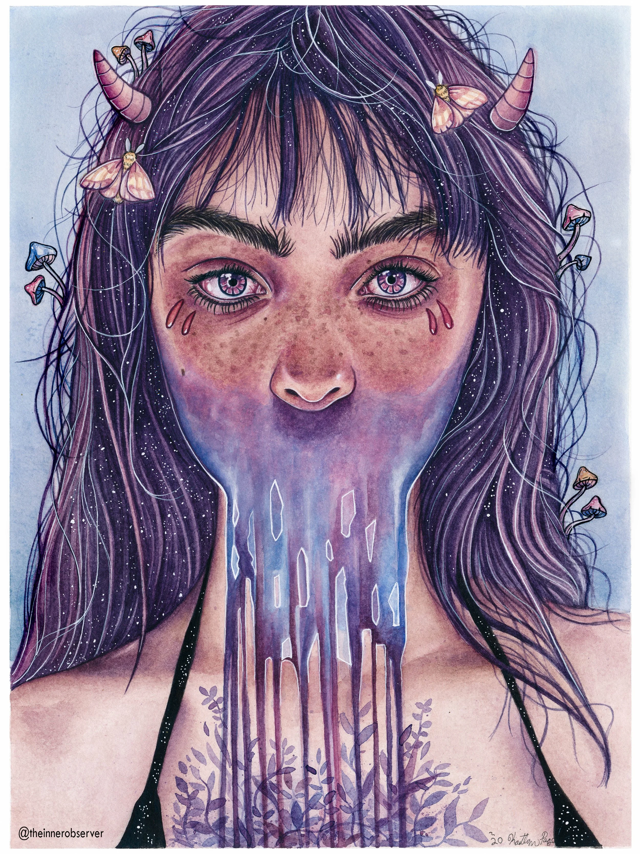A portrait of a woman with purple hair adorned with small mushrooms and mushrooms emerging from her hair, with unicorn horns and butterfly tattoos on her face. Her eyes are large and purple, with a sci-fi or fantasy theme, and her mouth appears to be