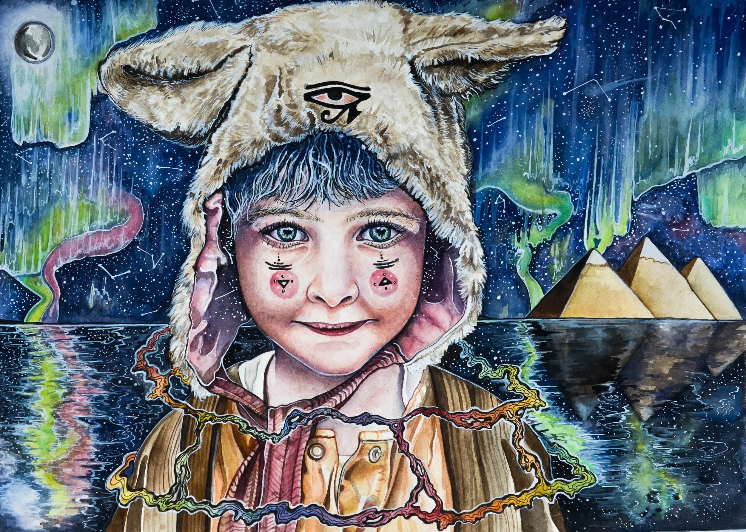 A colorful, surreal painting of a young boy with striking blue eyes, wearing a furry animal hat with ears and an eye symbol, surrounded by celestial and landscape elements including pyramids, water reflections, stars, and auroras.
