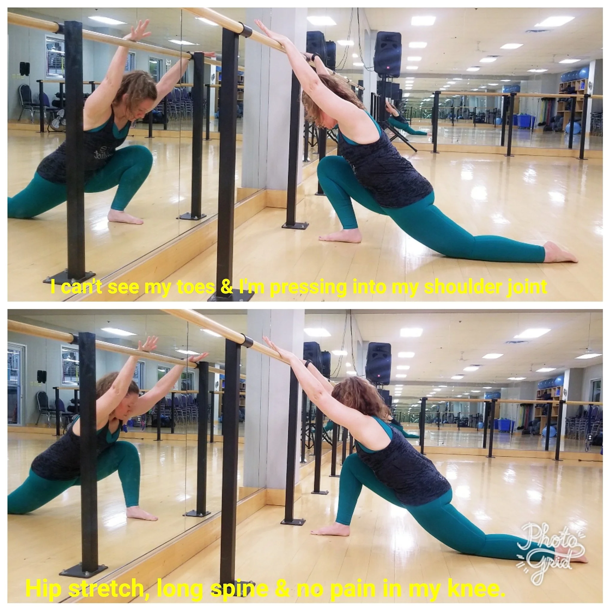 Bella demostrating improper and proper knee aligment at the barre.