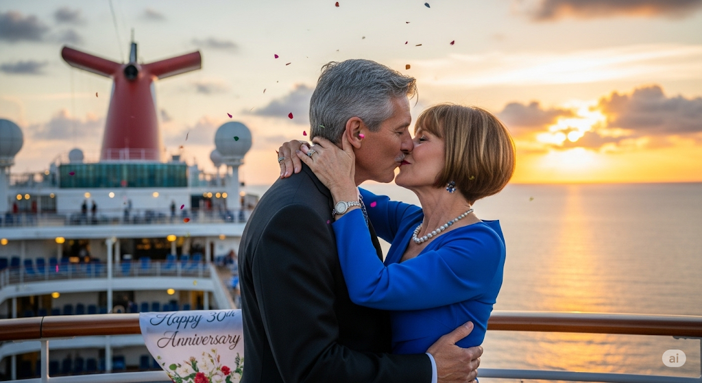 A couple in formal attire sharing a kiss on a cruise ship deck at sunset, with a banner reading 'Happy 30th Anniversary' in the background.