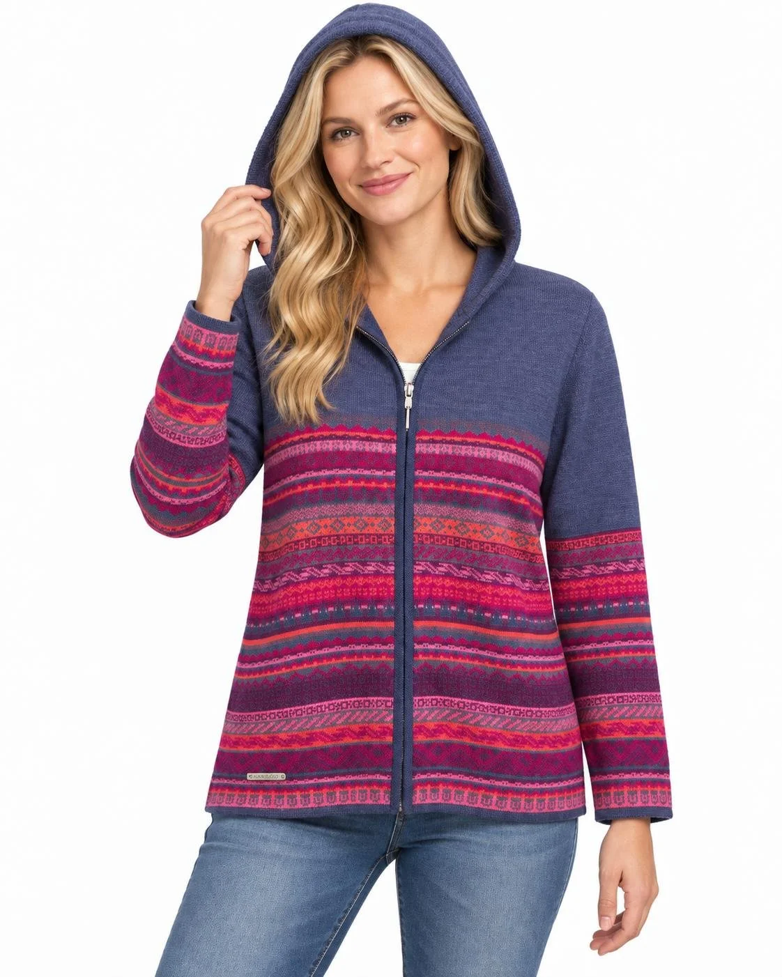 Andean Horizon Alpaca Zip Hoodie in Peruvian Purple, modeled with hood down and jewel-toned geometric knit design..jpg