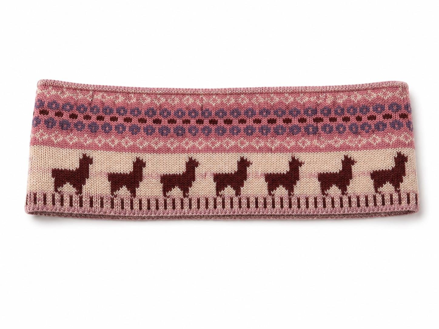 Ayni alpaca headband in Dusty Rose with cream, berry and pink geometric knit pattern and repeating llama design.jpg