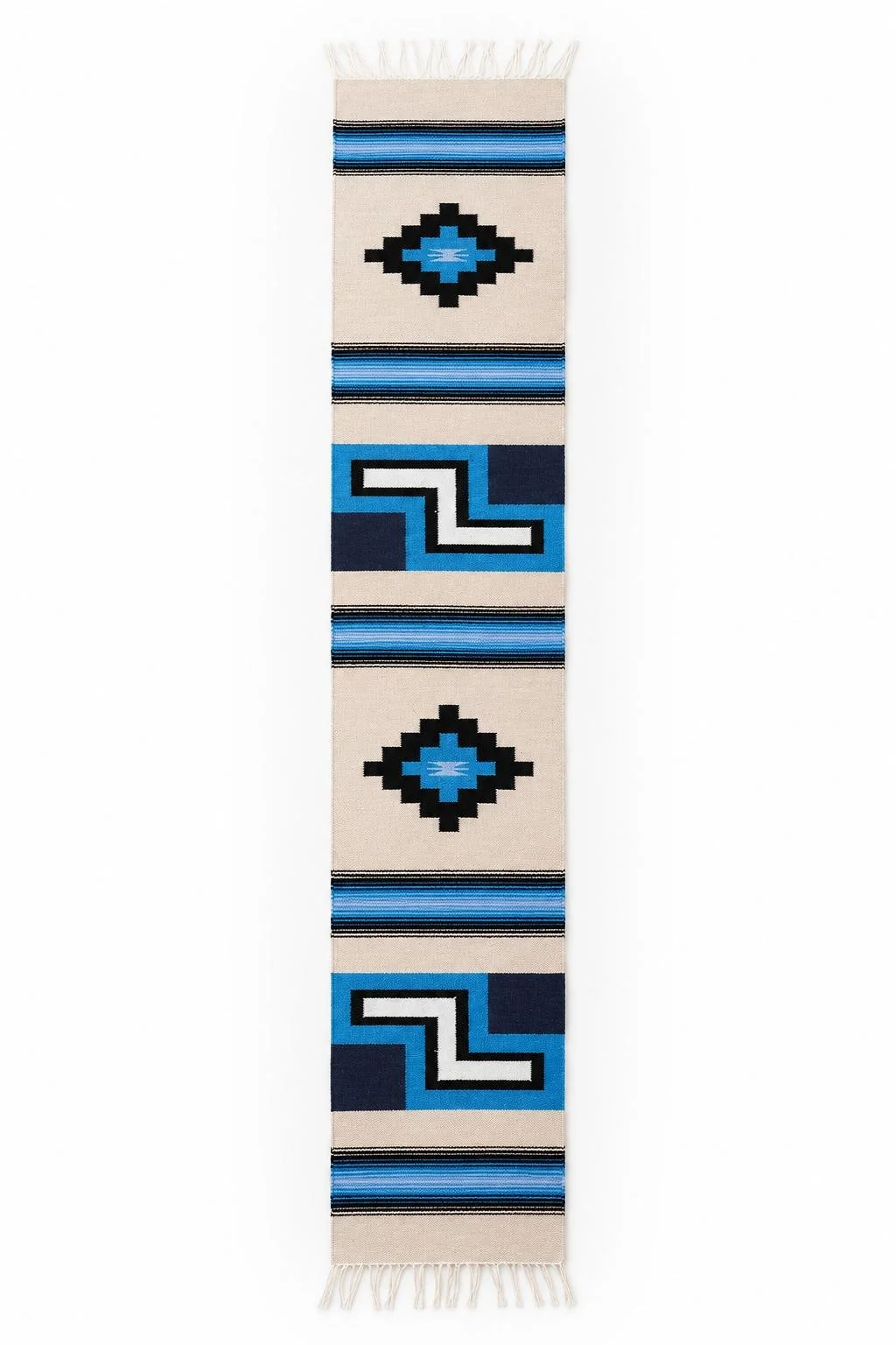 Handmade wool table runner with blue, navy, black, and light gray geometric motifs and natural fringe.jpg