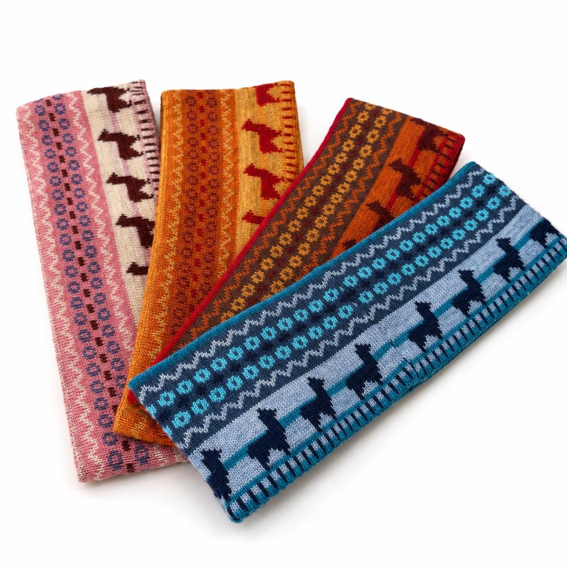 Four Ayni alpaca headbands in Dusty Rose, Golden Mustard, Rust Red and Teal Blue, featuring geometric knit patterns and repeating llama motifs.jpg
