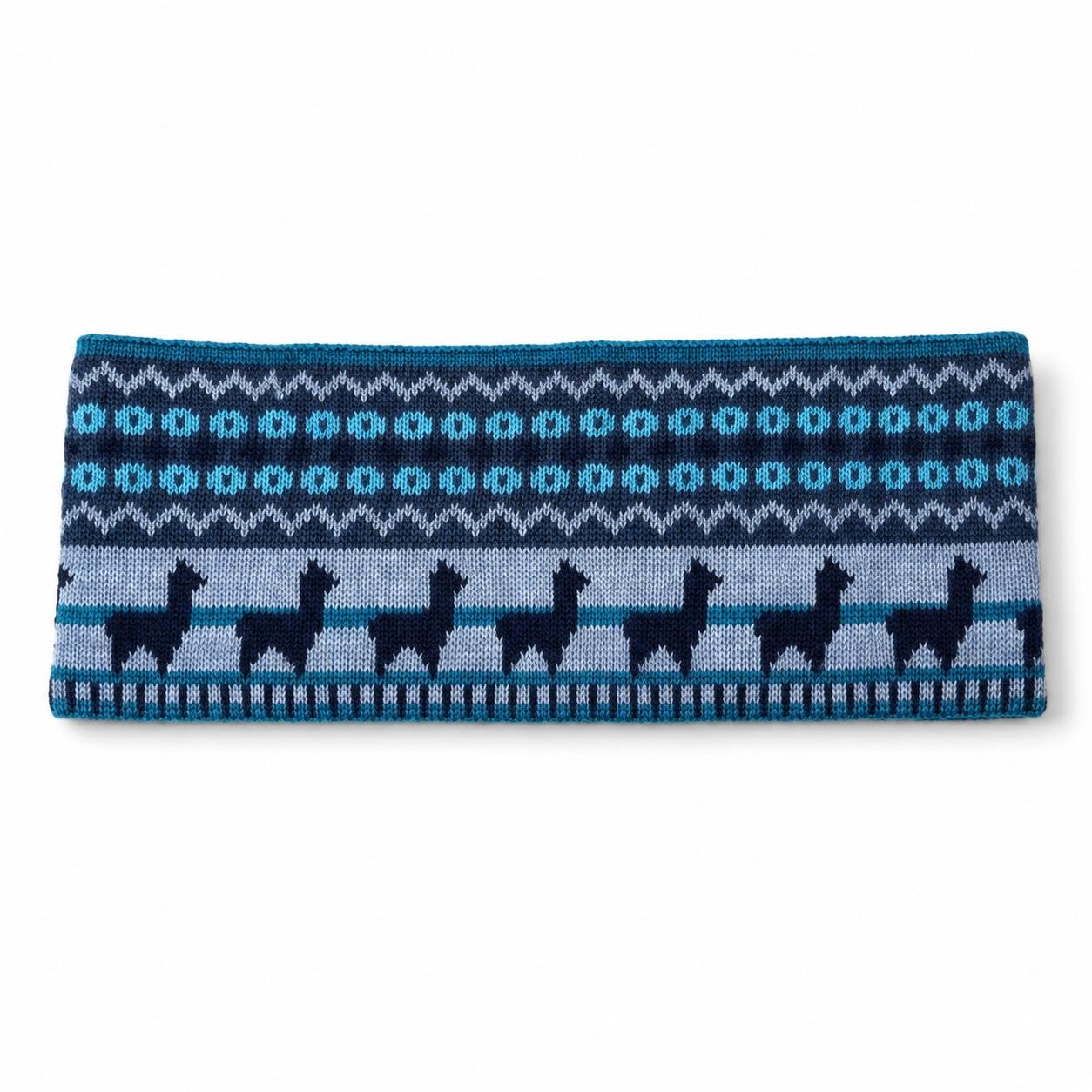 Ayni alpaca headband in Teal Blue with navy, turquoise and light blue geometric knit pattern and llama motif.jpg