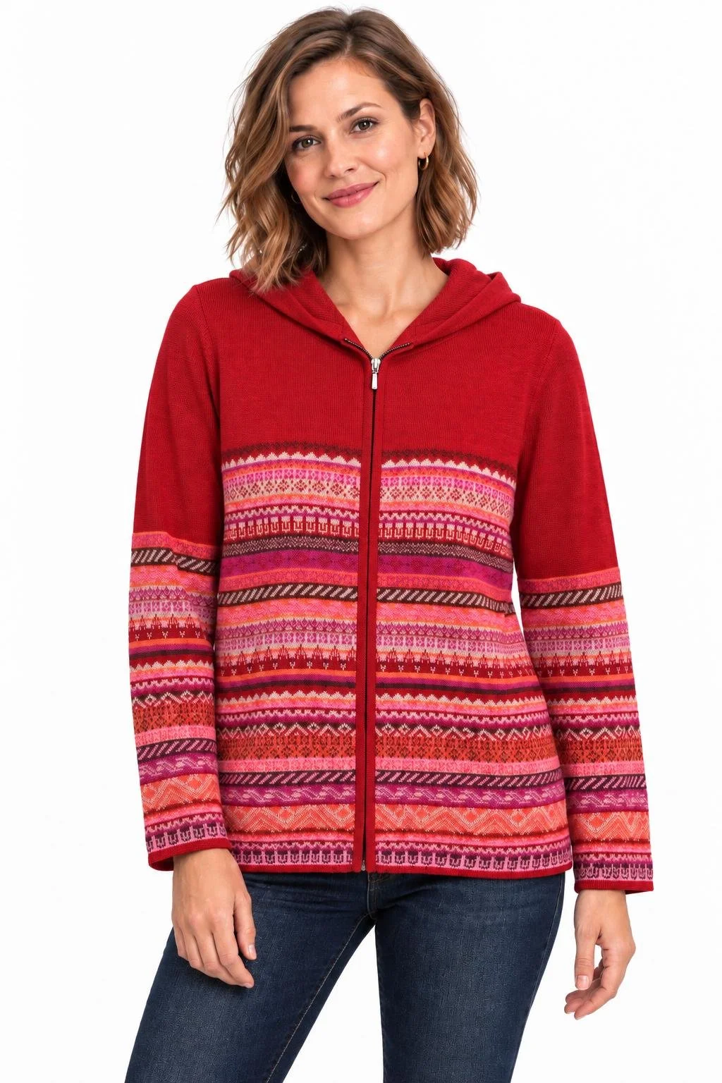 Andean Horizon Alpaca Zip Hoodie in Peruvian Red, modeled with hood down, full zipper, and vibrant patterned knit..jpg