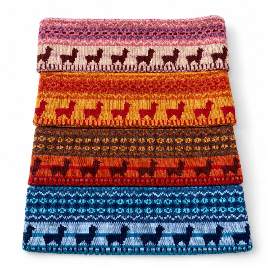 Ayni alpaca headbands in Dusty Rose, Golden Mustard, Earthy Rust and Teal Blue with colorful llama knit patterns.jpg