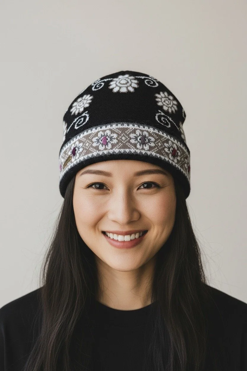Black floral alpaca beanie hat stylish .jpeg