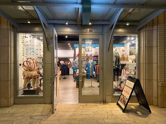 View of a boutique clothing store entrance with glass doors, mannequins dressed in casual outfits, and a signboard outside.