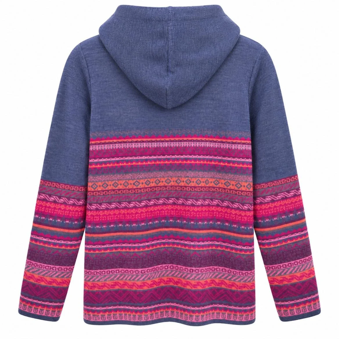 Andean Horizon Alpaca Zip Hoodie in Peruvian Purple, modeled with hood up and multicolor patterned body and sleeves..jpg