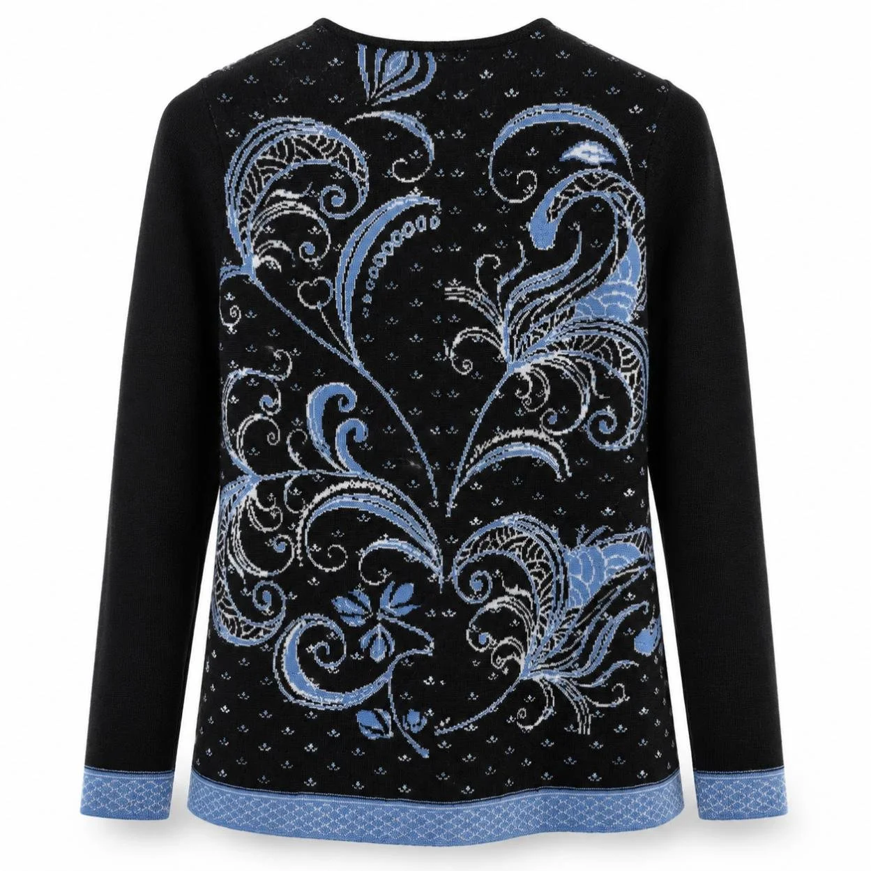 Back view of the black and blue alpaca sweater featuring an intricate floral and paisley-inspired pattern.jpg