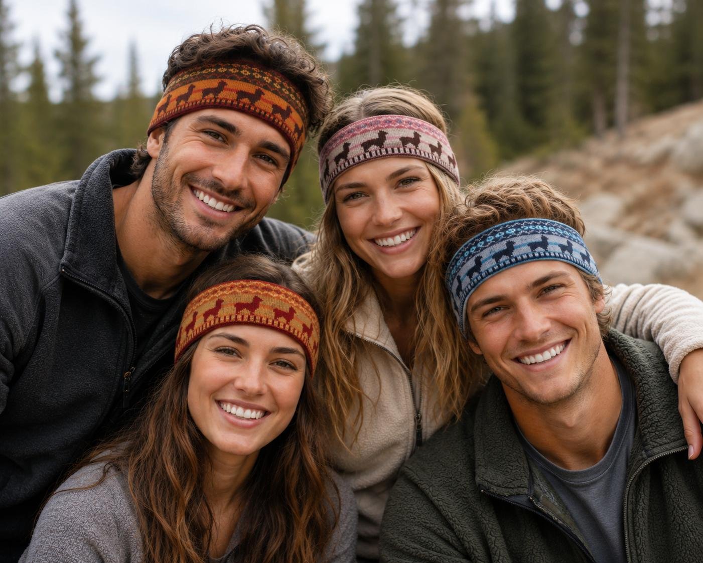 Four friends outdoors wearing colorful Ayni alpaca headbands with geometric patterns and playful llama motifs.jpg