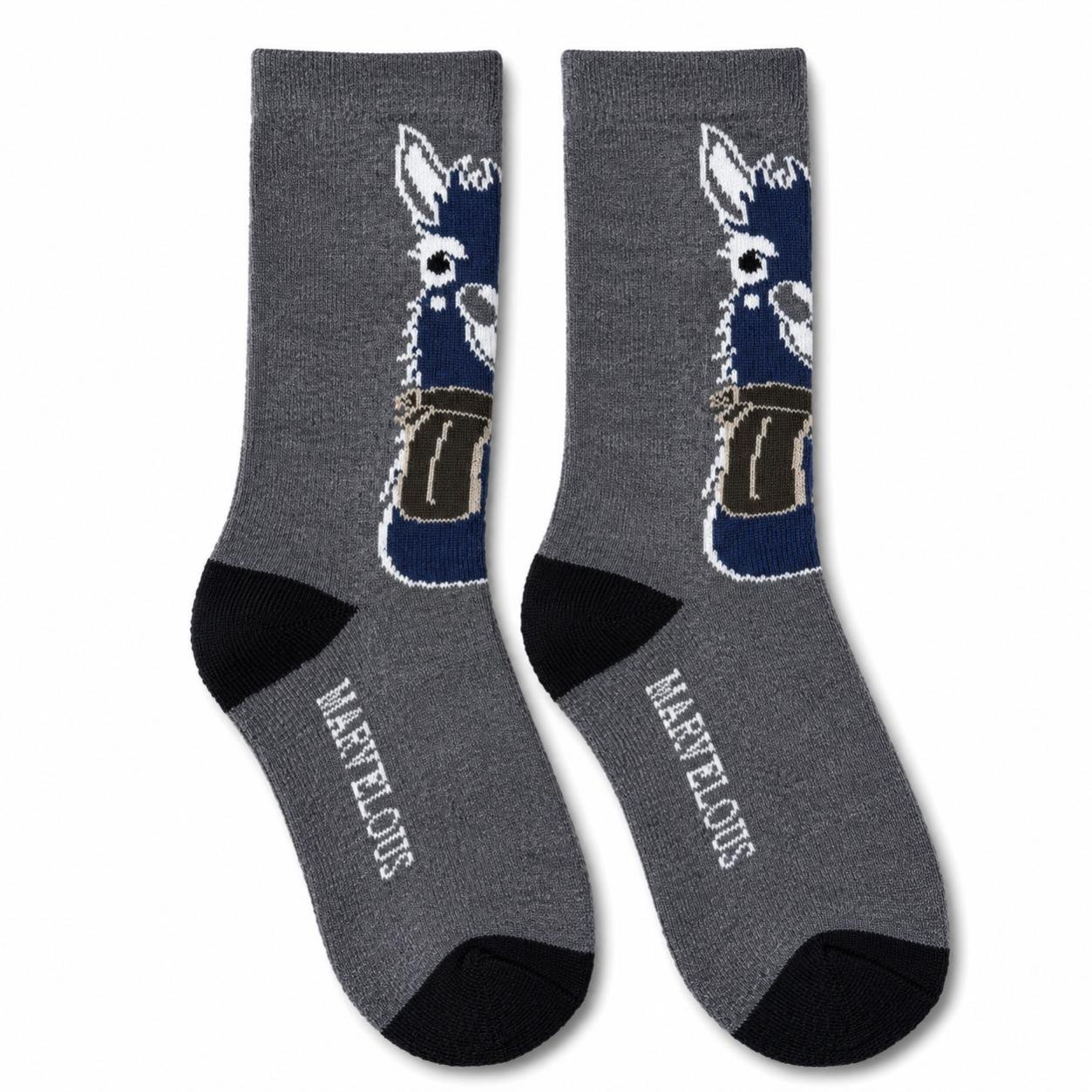 Gray alpaca socks with blue llama design and black accents.jpg