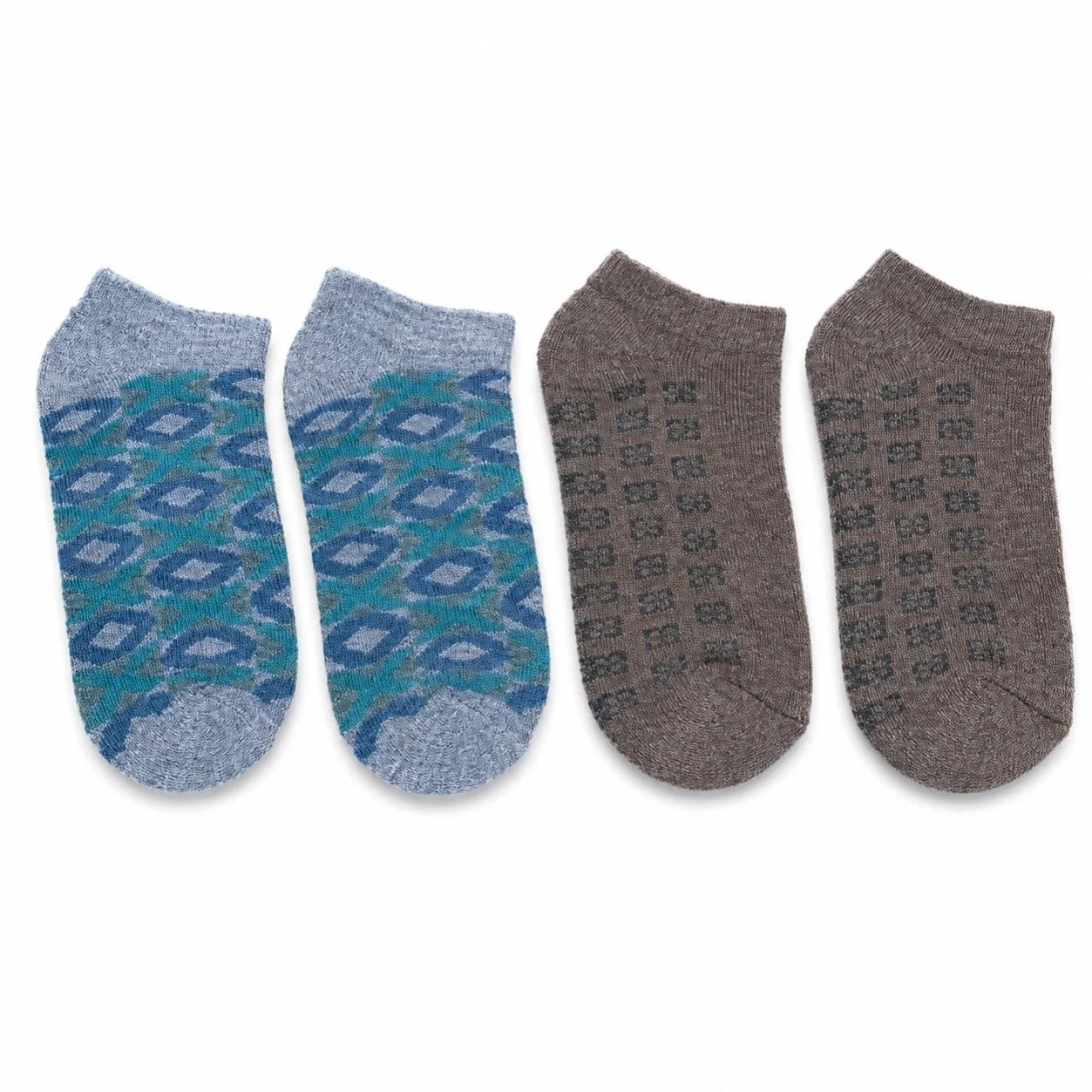 Two pairs of unisex ankle alpaca socks in Tic-Tac-Toe blue and Classic Brown..jpg