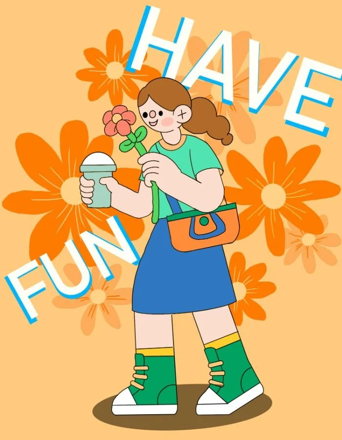 Original Have Fun illustration by Angelo Jin: a woman holding a flower and drink