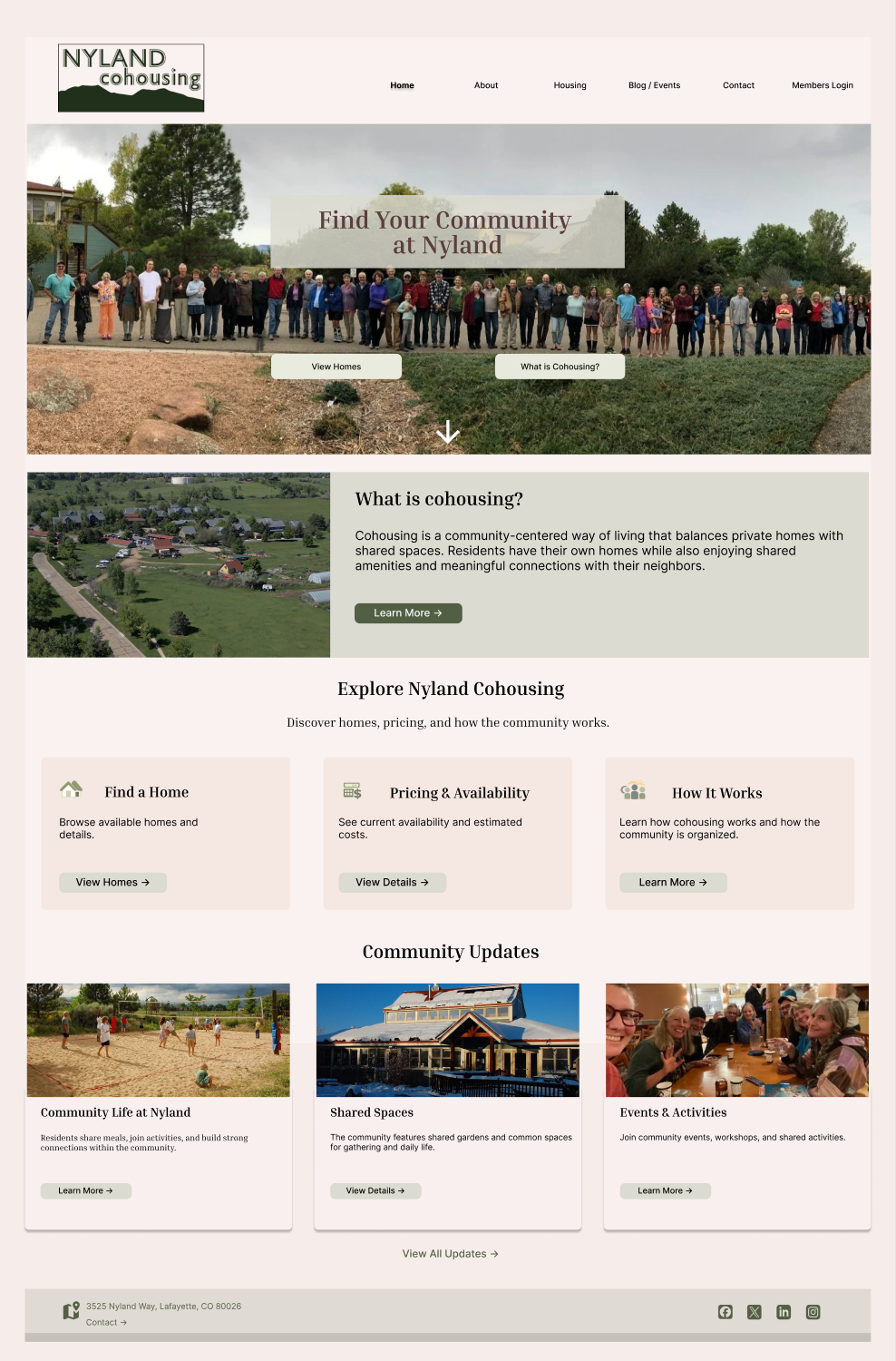 Nyland team final homepage prototype with housing, cohousing, and community update entry points