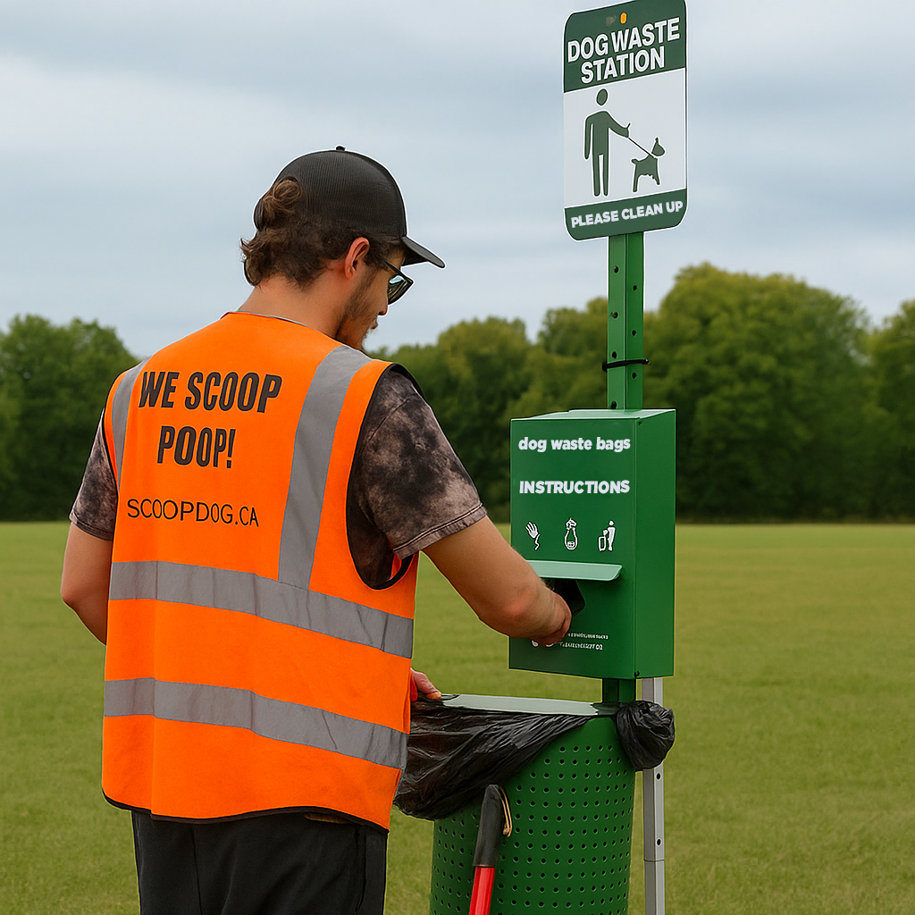 A man in a bright orange vest scoops dog poop into a bag at a dog waste station in a park.