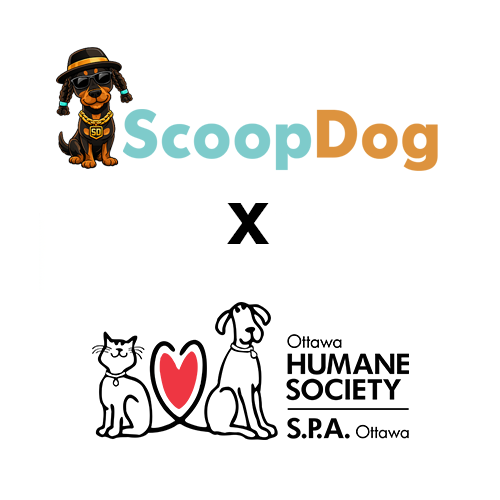 Logo of ScoopDog with a cartoon dog wearing sunglasses and a hat, and the Ottawa Humane Society logo showing a cat and dog with a heart between them.