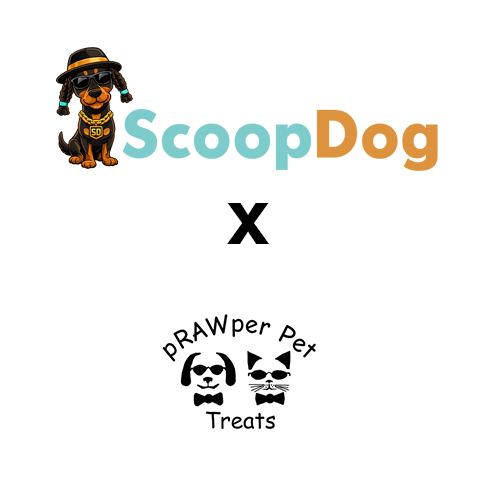 ScoopDog and Preraw Pet Treats logos with a black 'X' between them.