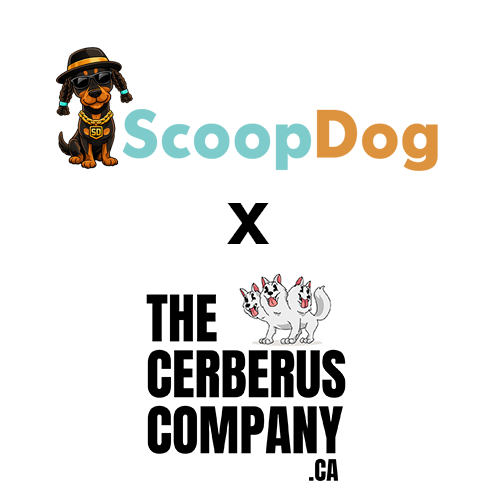 Logo for Scoop Dog and The Cerberus Company, featuring cartoon dogs and stylized text.