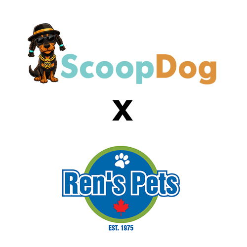 ScoopDog and Ren's Pets logos with a black 'X' between them, indicating a collaboration or partnership.