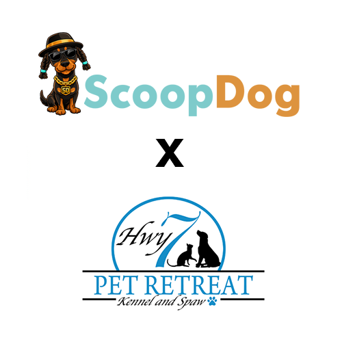 Logo for ScoopDog, featuring a cartoon dog wearing sunglasses, a hat, and a gold chain, alongside the text "ScoopDog". Below it is a black "X" symbol, and beneath that is the Pet Retreat Kennel and Spa logo, which includes a silhouette of a dog and cat inside a blue circle with the text "Hwy 7 Pet Retreat Kennel and Spa."
