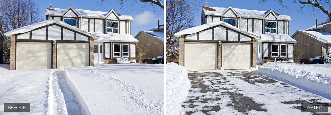 Side-by-side comparison of a snow-covered house and driveway before and after snow removal, with the driveway cleared of snow in the after image.