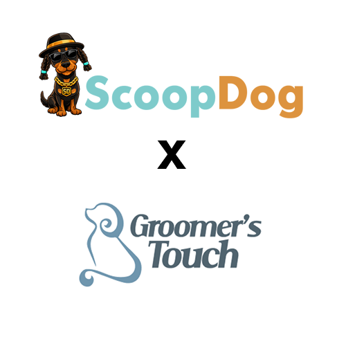 ScoopDog and Groomer's Touch logos, with ScoopDog featuring a cartoon dog wearing sunglasses, a hat, and a gold chain, and Groomer's Touch with a stylized outline of a dog's head.