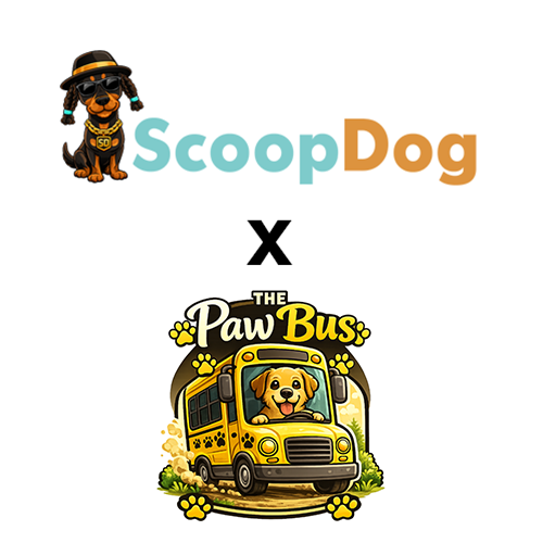 Image featuring the ScoopDog logo with a cartoon dog wearing sunglasses and a hat, and The Paw Bus logo with a cartoon dog driving a yellow school bus surrounded by paw prints.