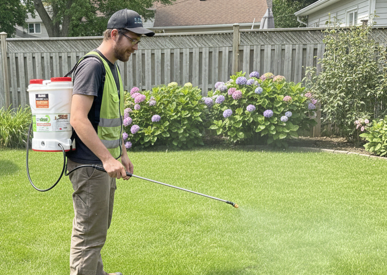 Person holding a green and white garden spray bottle, spraying water outdoors.