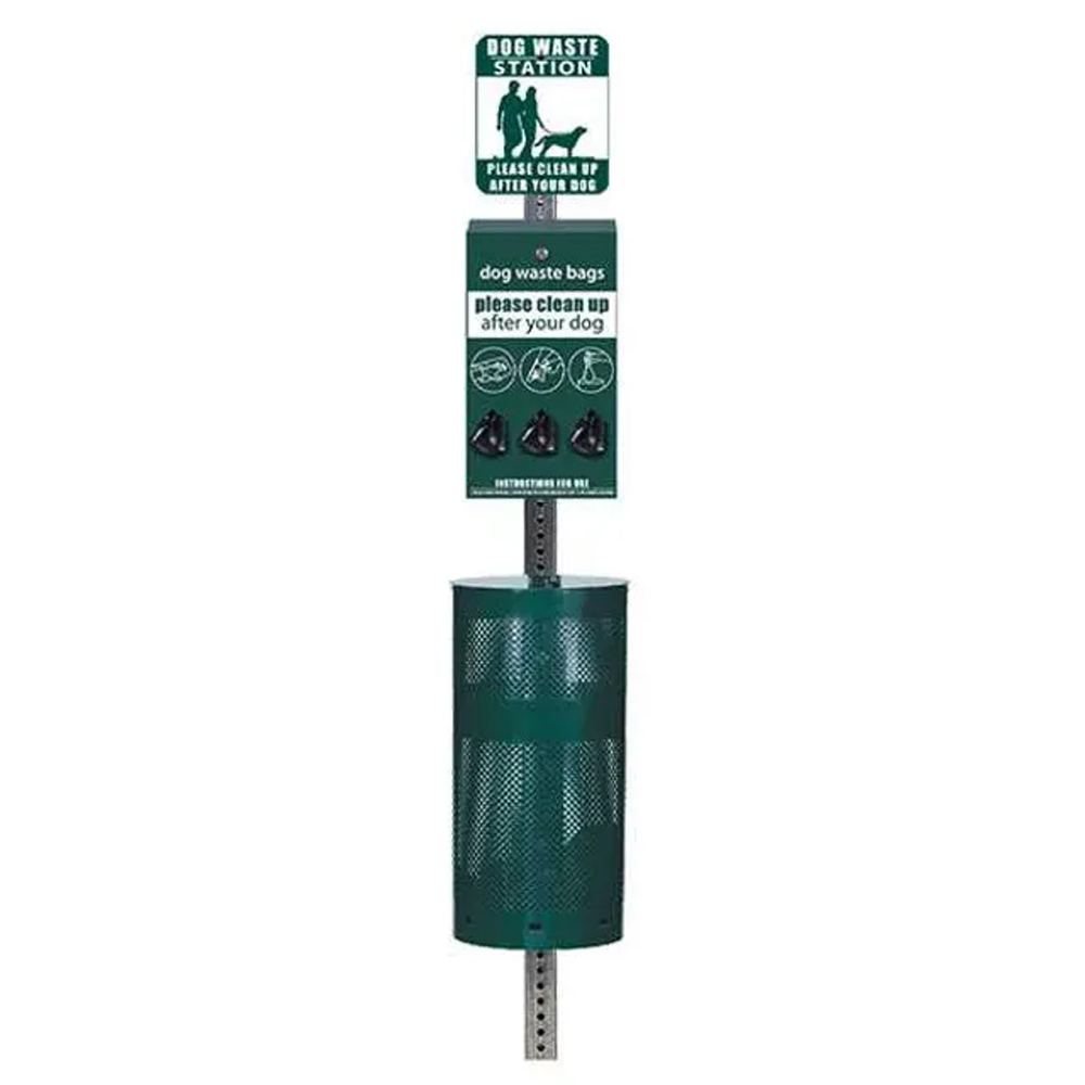 Green commercial pet waste station with signage, bag dispenser and disposal bin