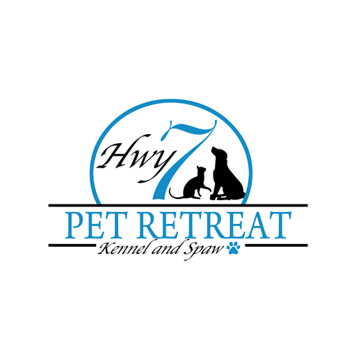 Logo for Hwy 7 Pet Retreat featuring a silhouette of a dog and a cat inside a circle, with the business name and tagline 'Kennel and Spaw' and a small paw print.
