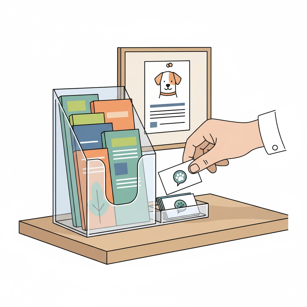 Scoop Dog brochure holder and business cards on a pet business reception counter
