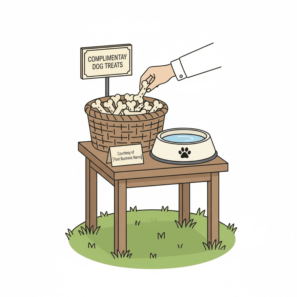 Complimentary dog treat basket and water bowl provided by Scoop Dog at a partner business