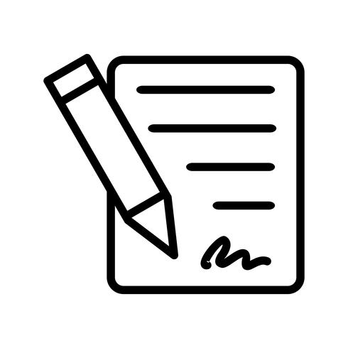 Black and white line drawing of a piece of paper with lines of text, a pen writing on it, and a signature at the bottom.